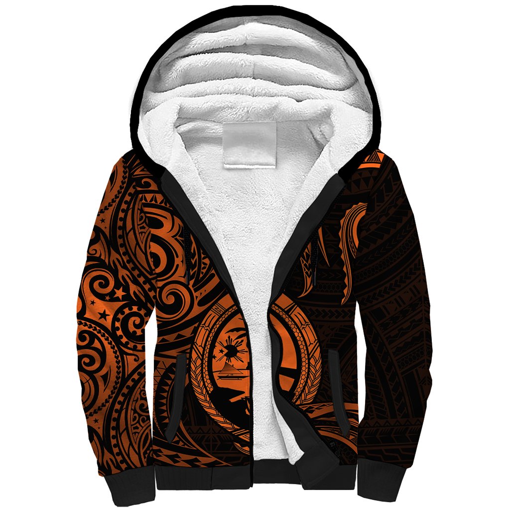 Polynesian Guam Sherpa Hoodie With Polynesian Tribal Tattoo and Coat of Arms Orange Version