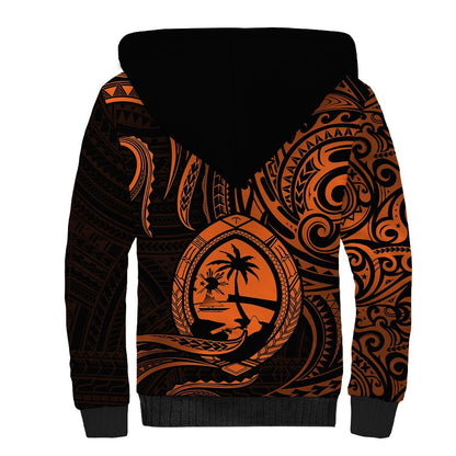 Polynesian Guam Sherpa Hoodie With Polynesian Tribal Tattoo and Coat of Arms Orange Version