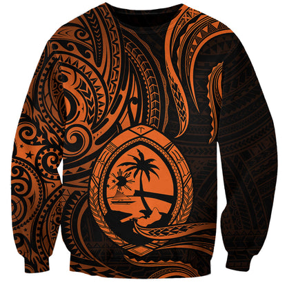 Polynesian Guam Sweatshirt With Polynesian Tribal Tattoo and Coat of Arms Orange Version