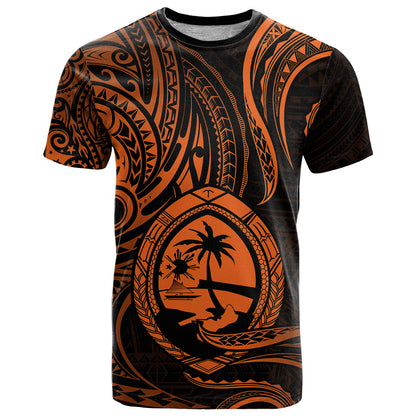 Polynesian Guam T Shirt With Polynesian Tribal Tattoo and Coat of Arms Orange Version