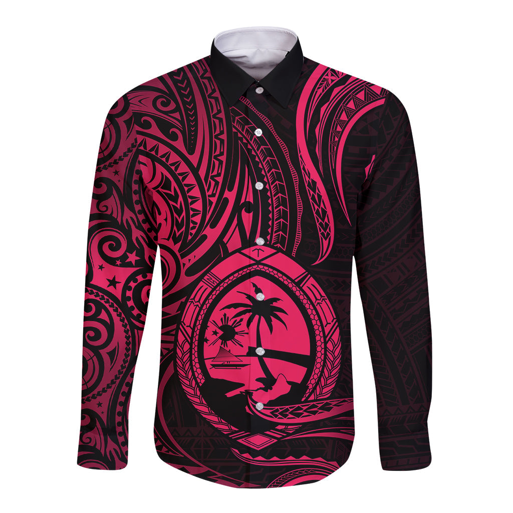 Polynesian Guam Long Sleeve Button Shirt With Polynesian Tribal Tattoo and Coat of Arms Pink Version