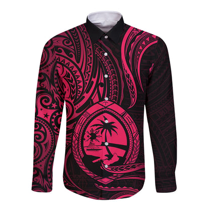 Polynesian Guam Long Sleeve Button Shirt With Polynesian Tribal Tattoo and Coat of Arms Pink Version