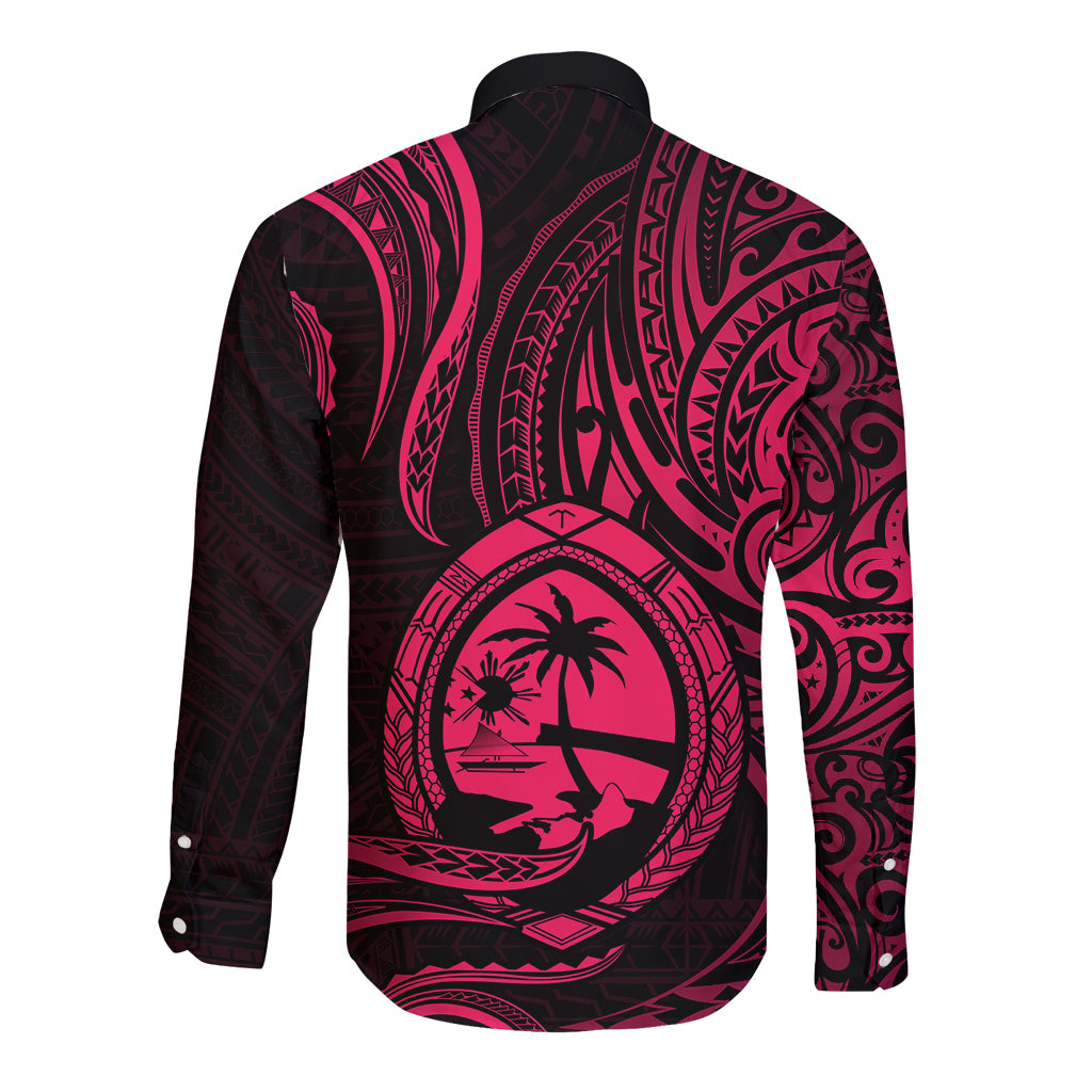 Polynesian Guam Long Sleeve Button Shirt With Polynesian Tribal Tattoo and Coat of Arms Pink Version