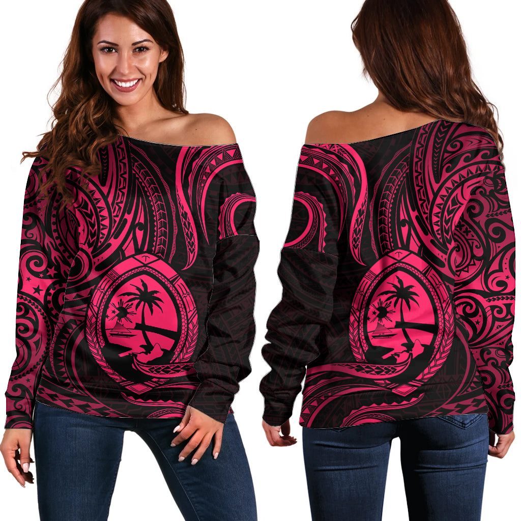 Polynesian Guam Off Shoulder Sweater With Polynesian Tribal Tattoo and Coat of Arms Pink Version