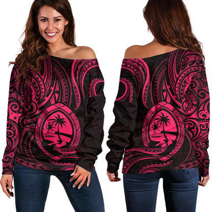Polynesian Guam Off Shoulder Sweater With Polynesian Tribal Tattoo and Coat of Arms Pink Version