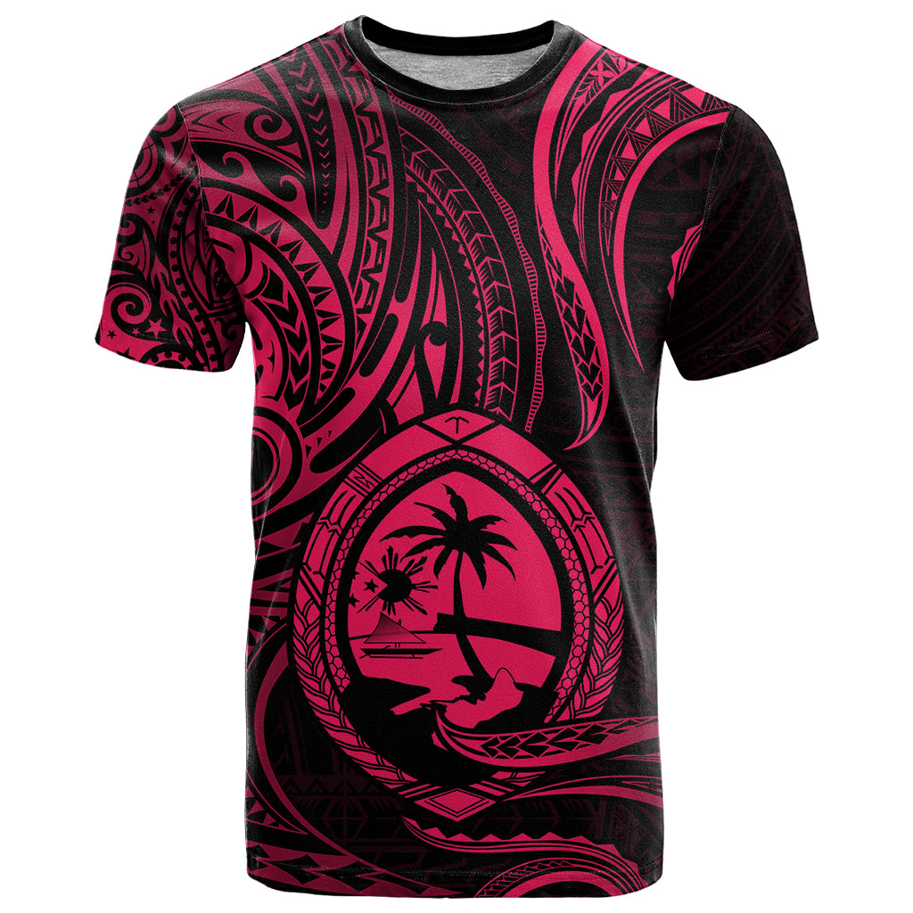Polynesian Guam T Shirt With Polynesian Tribal Tattoo and Coat of Arms Pink Version