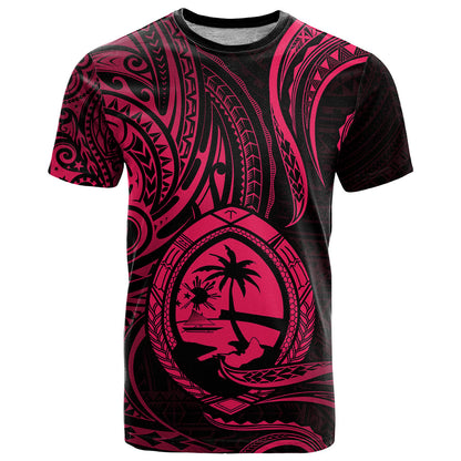 Polynesian Guam T Shirt With Polynesian Tribal Tattoo and Coat of Arms Pink Version