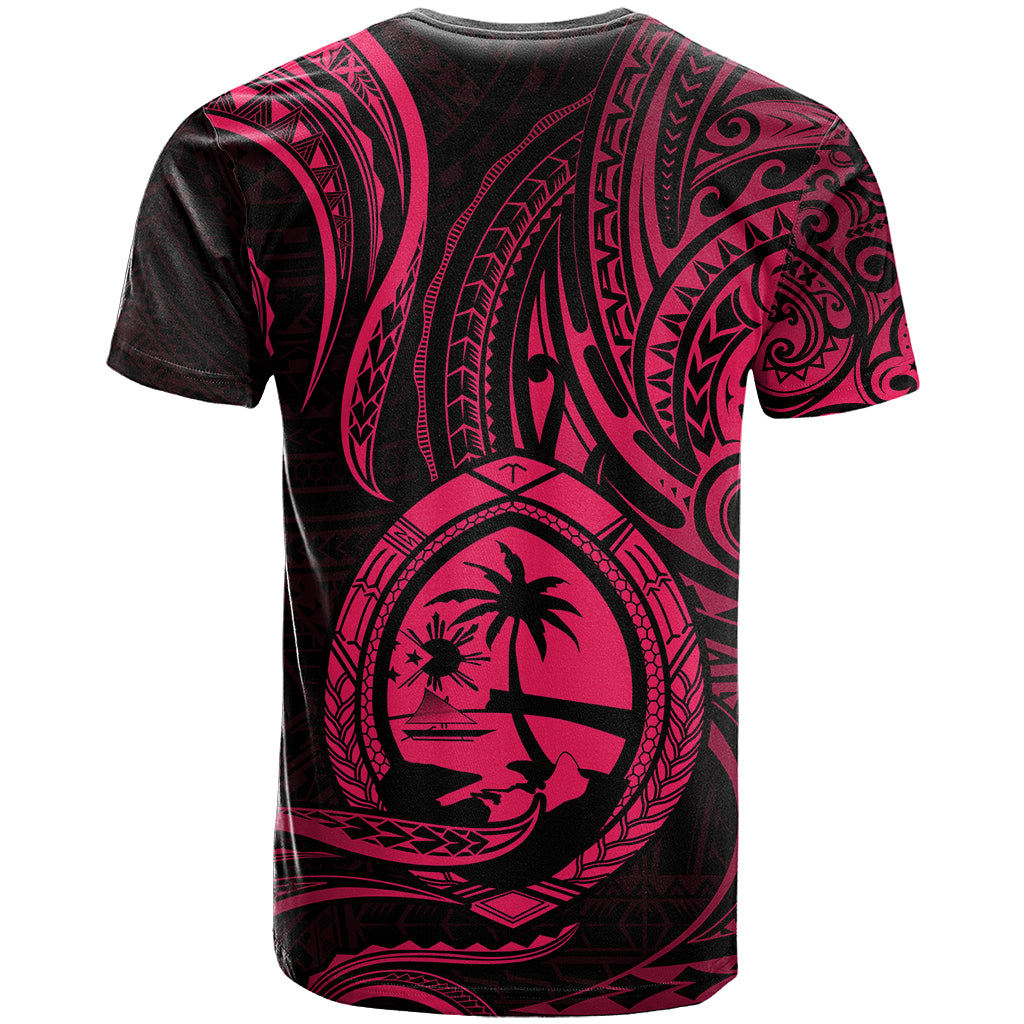 Polynesian Guam T Shirt With Polynesian Tribal Tattoo and Coat of Arms Pink Version