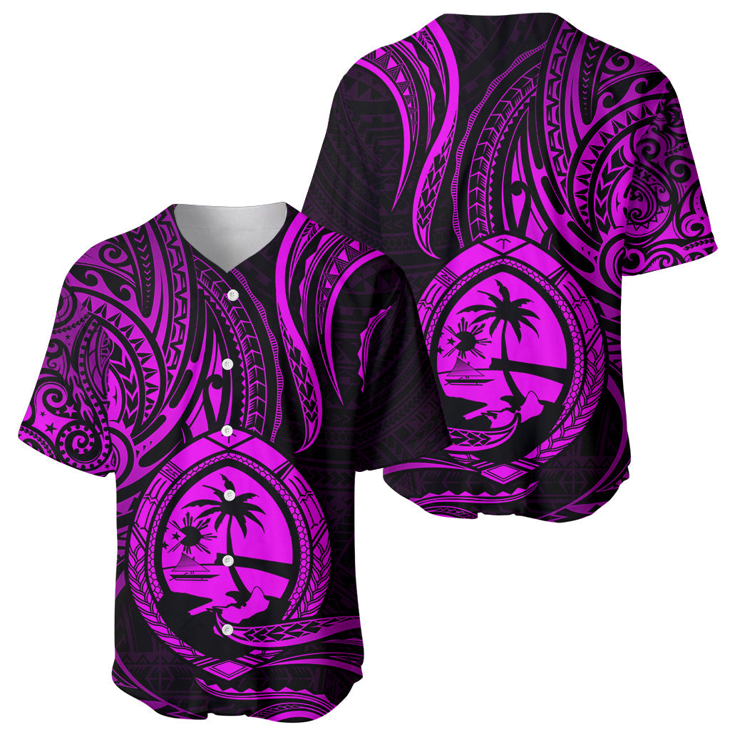 Polynesian Guam Baseball Jersey With Polynesian Tribal Tattoo and Coat of Arms Purple Version