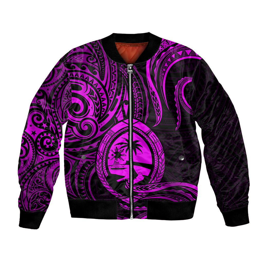 Polynesian Guam Bomber Jacket With Polynesian Tribal Tattoo and Coat of Arms Purple Version