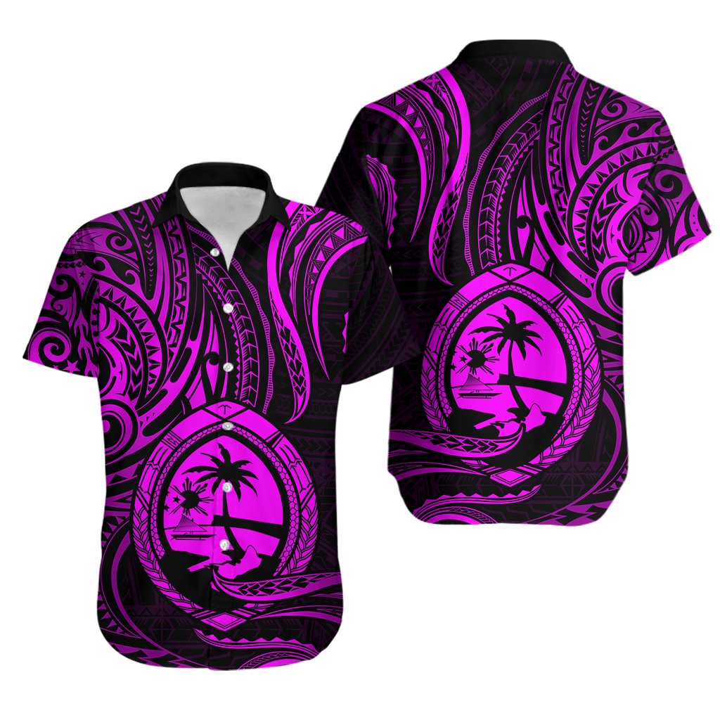 Polynesian Guam Hawaiian Shirt With Polynesian Tribal Tattoo and Coat of Arms Purple Version