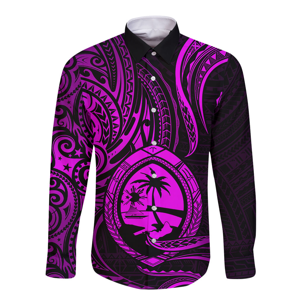 Polynesian Guam Long Sleeve Button Shirt With Polynesian Tribal Tattoo and Coat of Arms Purple Version
