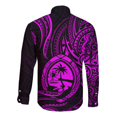 Polynesian Guam Long Sleeve Button Shirt With Polynesian Tribal Tattoo and Coat of Arms Purple Version