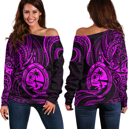 Polynesian Guam Off Shoulder Sweater With Polynesian Tribal Tattoo and Coat of Arms Purple Version