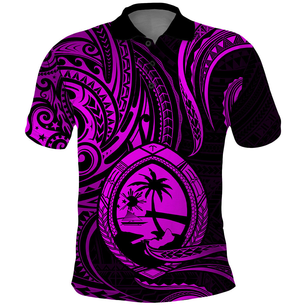 Polynesian Guam Polo Shirt With Polynesian Tribal Tattoo and Coat of Arms Purple Version