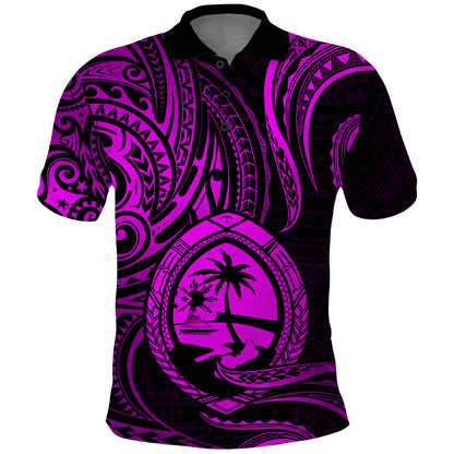 Polynesian Guam Polo Shirt With Polynesian Tribal Tattoo and Coat of Arms Purple Version