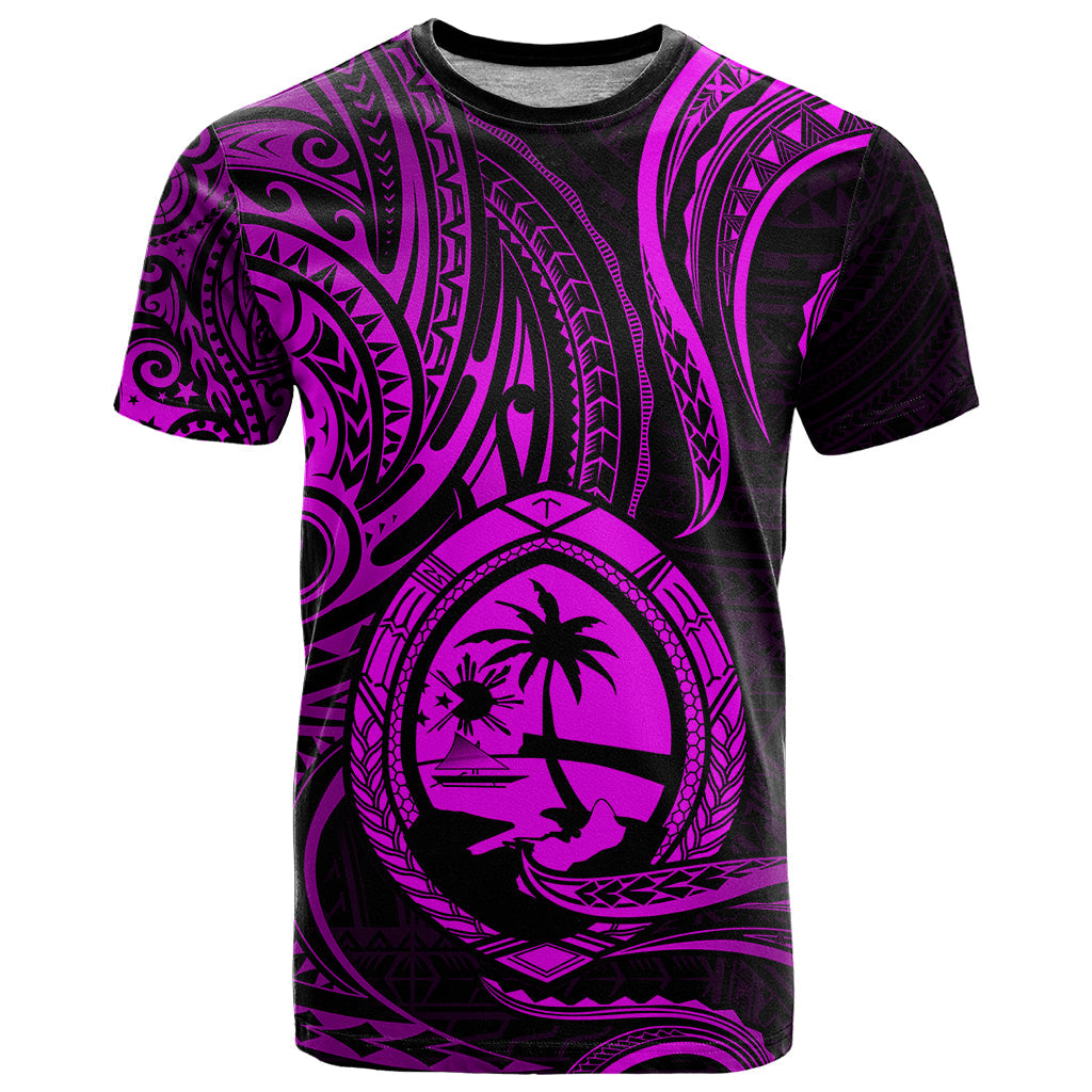 Polynesian Guam T Shirt With Polynesian Tribal Tattoo and Coat of Arms Purple Version