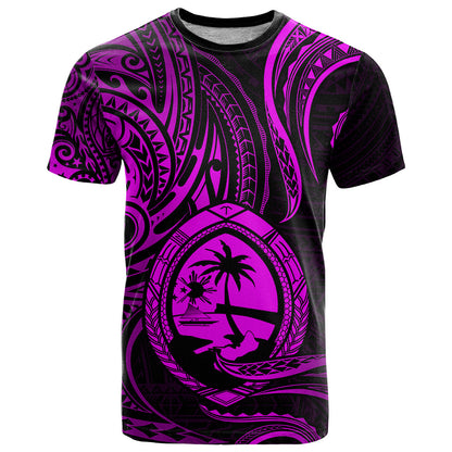 Polynesian Guam T Shirt With Polynesian Tribal Tattoo and Coat of Arms Purple Version