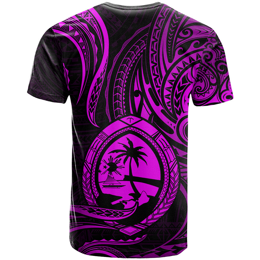 Polynesian Guam T Shirt With Polynesian Tribal Tattoo and Coat of Arms Purple Version