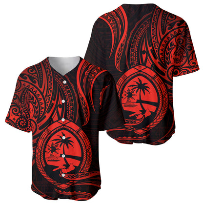 Polynesian Guam Baseball Jersey With Polynesian Tribal Tattoo and Coat of Arms Red Version