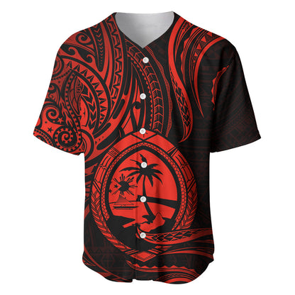 Polynesian Guam Baseball Jersey With Polynesian Tribal Tattoo and Coat of Arms Red Version
