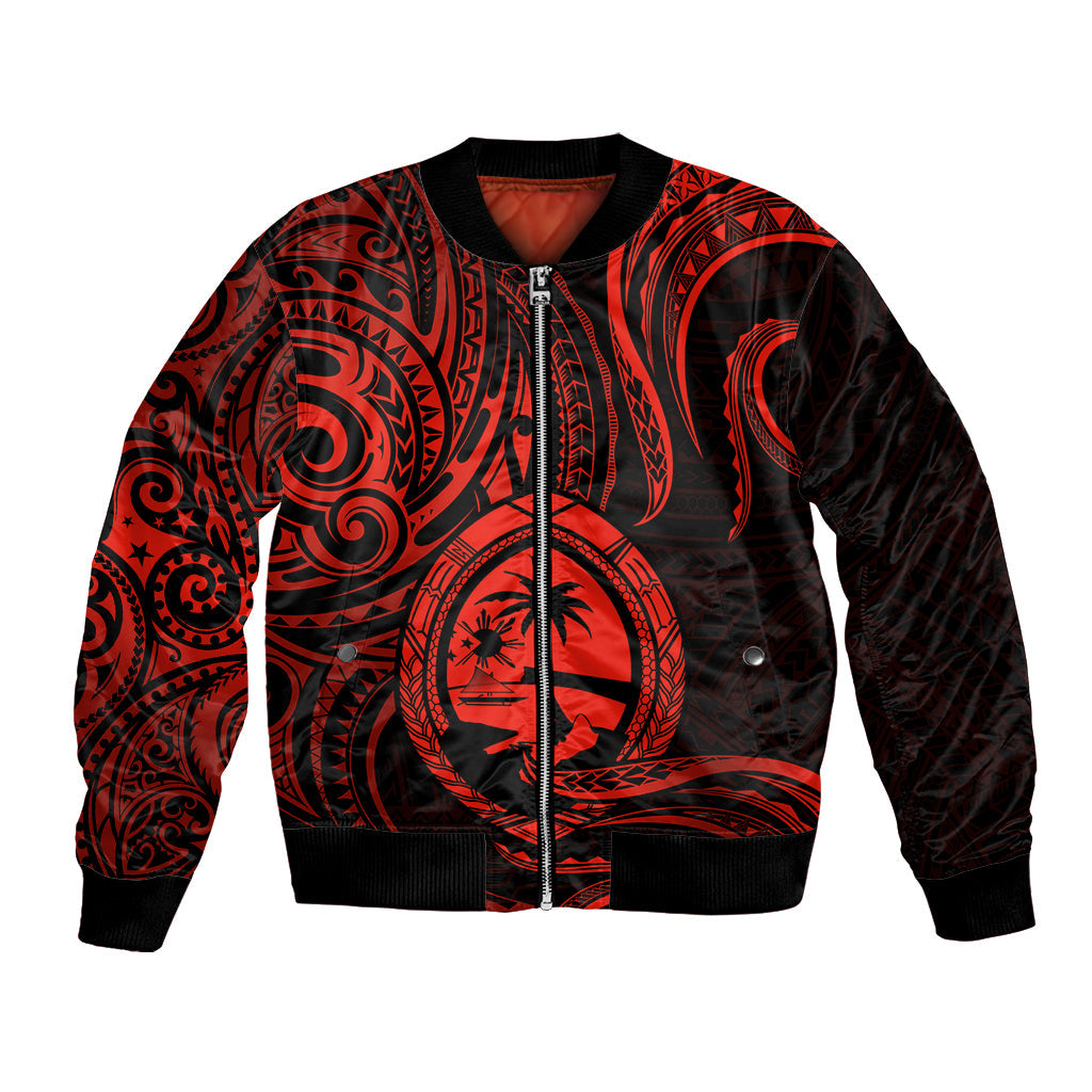 Polynesian Guam Bomber Jacket With Polynesian Tribal Tattoo and Coat of Arms Red Version