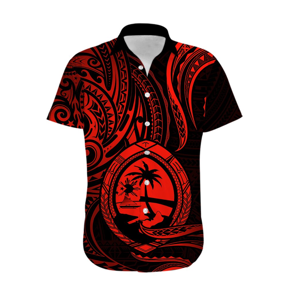 Polynesian Guam Hawaiian Shirt With Polynesian Tribal Tattoo and Coat of Arms Red Version