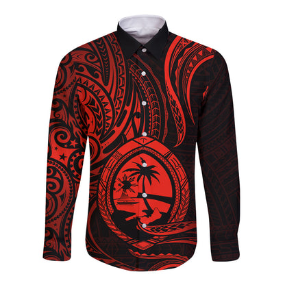 Polynesian Guam Long Sleeve Button Shirt With Polynesian Tribal Tattoo and Coat of Arms Red Version