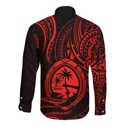 Polynesian Guam Long Sleeve Button Shirt With Polynesian Tribal Tattoo and Coat of Arms Red Version
