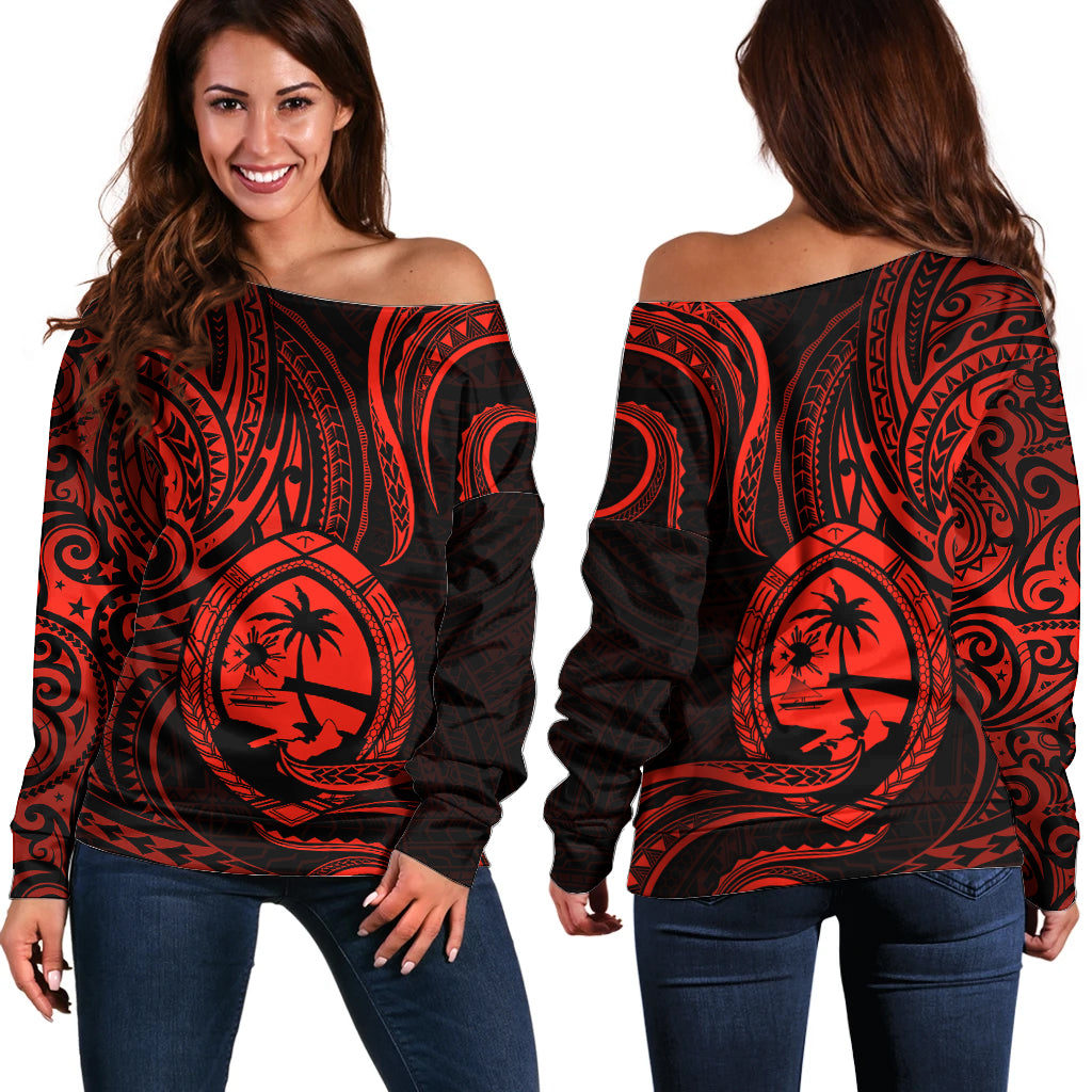 Polynesian Guam Off Shoulder Sweater With Polynesian Tribal Tattoo and Coat of Arms Red Version