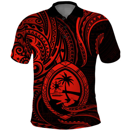 Polynesian Guam Polo Shirt With Polynesian Tribal Tattoo and Coat of Arms Red Version