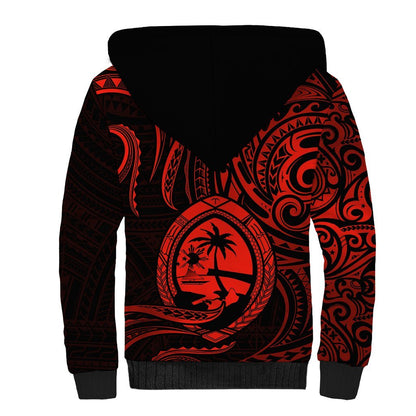 Polynesian Guam Sherpa Hoodie With Polynesian Tribal Tattoo and Coat of Arms Red Version