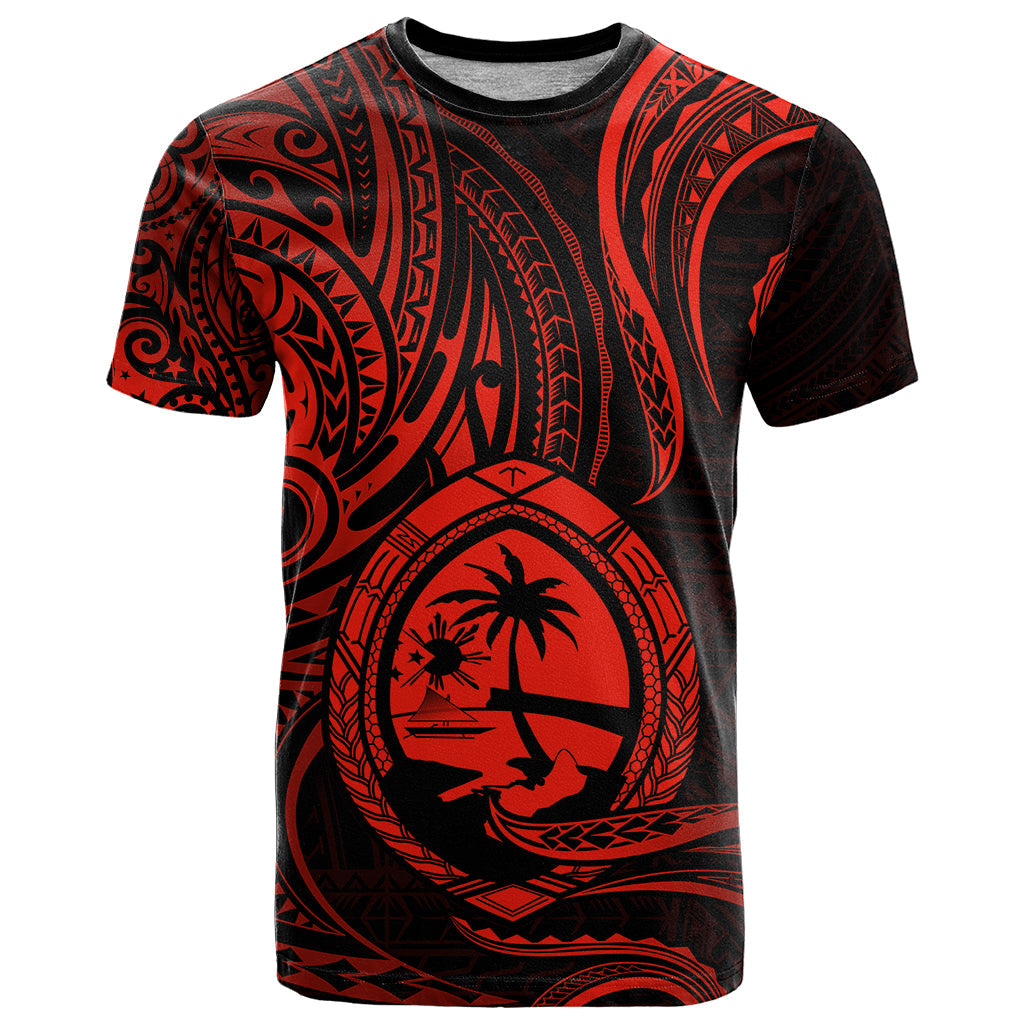 Polynesian Guam T Shirt With Polynesian Tribal Tattoo and Coat of Arms Red Version