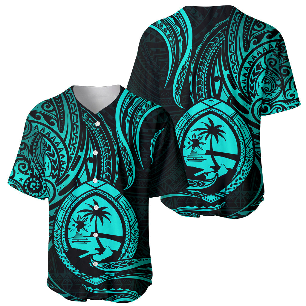 Polynesian Guam Baseball Jersey With Polynesian Tribal Tattoo and Coat of Arms Turquoise Version