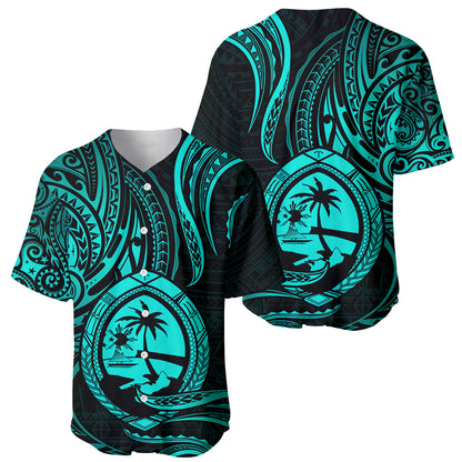 Polynesian Guam Baseball Jersey With Polynesian Tribal Tattoo and Coat of Arms Turquoise Version