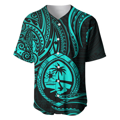 Polynesian Guam Baseball Jersey With Polynesian Tribal Tattoo and Coat of Arms Turquoise Version