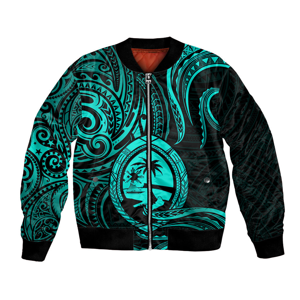 Polynesian Guam Bomber Jacket With Polynesian Tribal Tattoo and Coat of Arms Turquoise Version