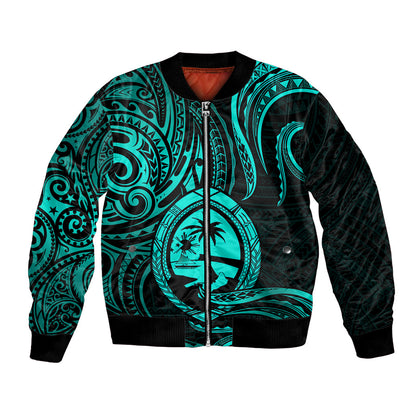 Polynesian Guam Bomber Jacket With Polynesian Tribal Tattoo and Coat of Arms Turquoise Version