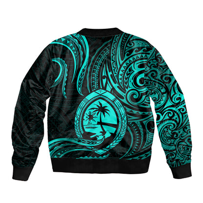 Polynesian Guam Bomber Jacket With Polynesian Tribal Tattoo and Coat of Arms Turquoise Version