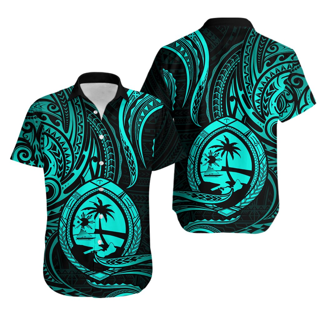 Polynesian Guam Hawaiian Shirt With Polynesian Tribal Tattoo and Coat of Arms Turquoise Version