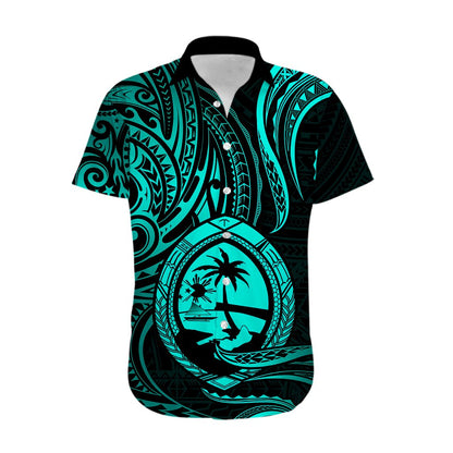 Polynesian Guam Hawaiian Shirt With Polynesian Tribal Tattoo and Coat of Arms Turquoise Version
