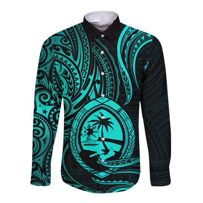 Polynesian Guam Long Sleeve Button Shirt With Polynesian Tribal Tattoo and Coat of Arms Turquoise Version