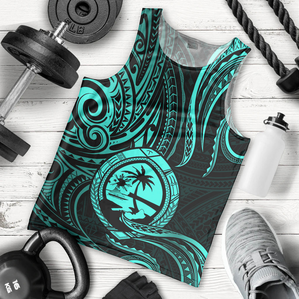 Polynesian Pride Guam Men Tank Top With Polynesian Tribal Tattoo and Coat of Arms Turquoise Version