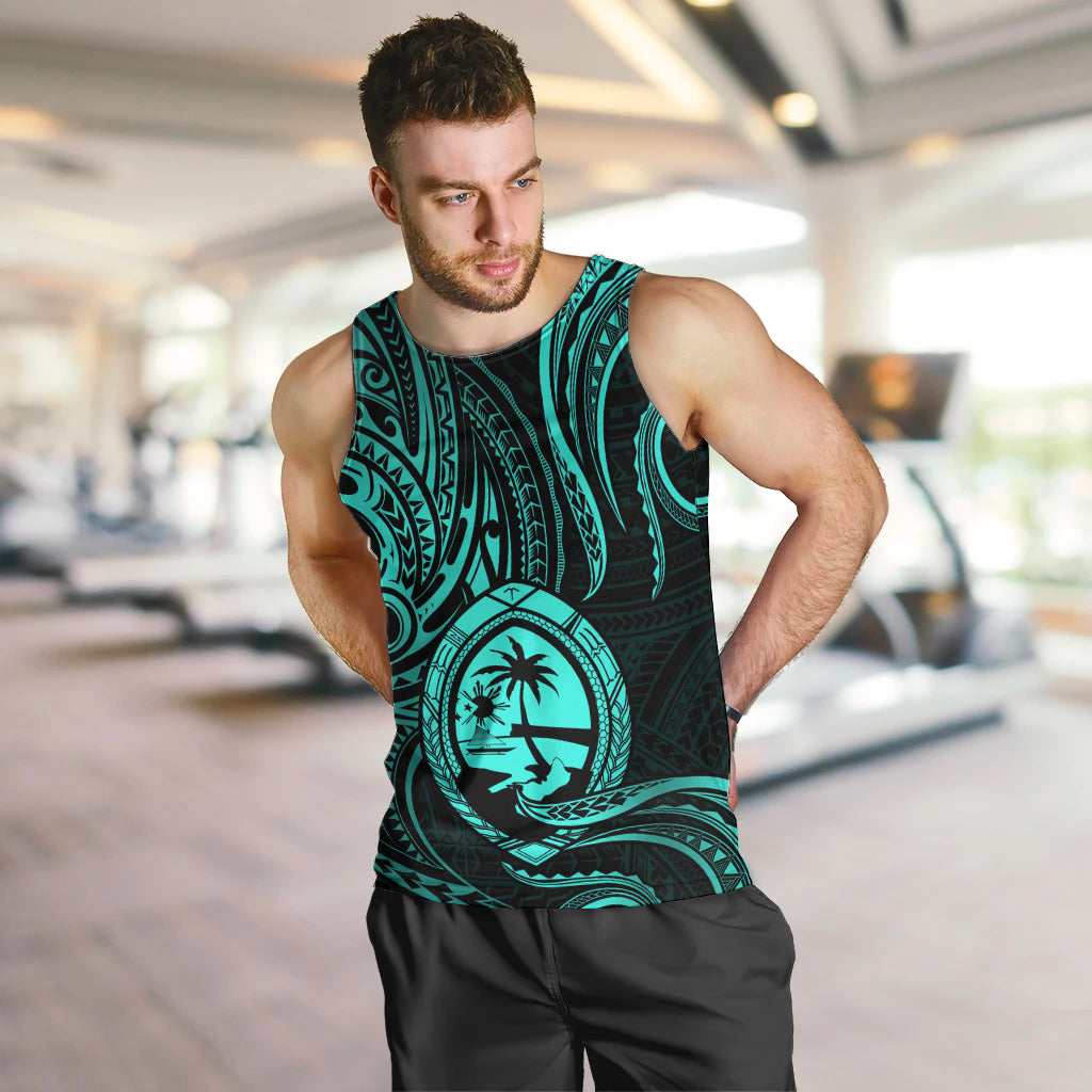 Polynesian Pride Guam Men Tank Top With Polynesian Tribal Tattoo and Coat of Arms Turquoise Version