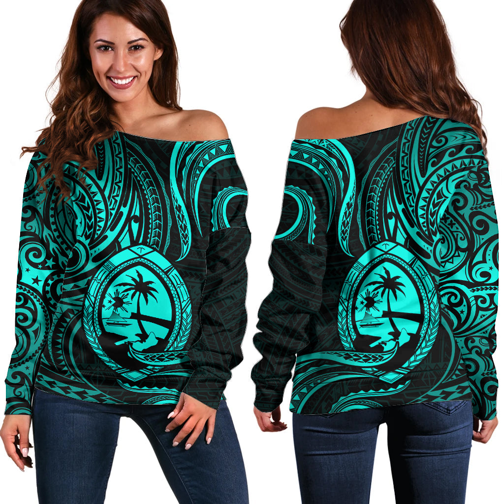 Polynesian Guam Off Shoulder Sweater With Polynesian Tribal Tattoo and Coat of Arms Turquoise Version