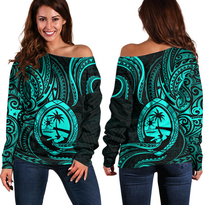 Polynesian Guam Off Shoulder Sweater With Polynesian Tribal Tattoo and Coat of Arms Turquoise Version