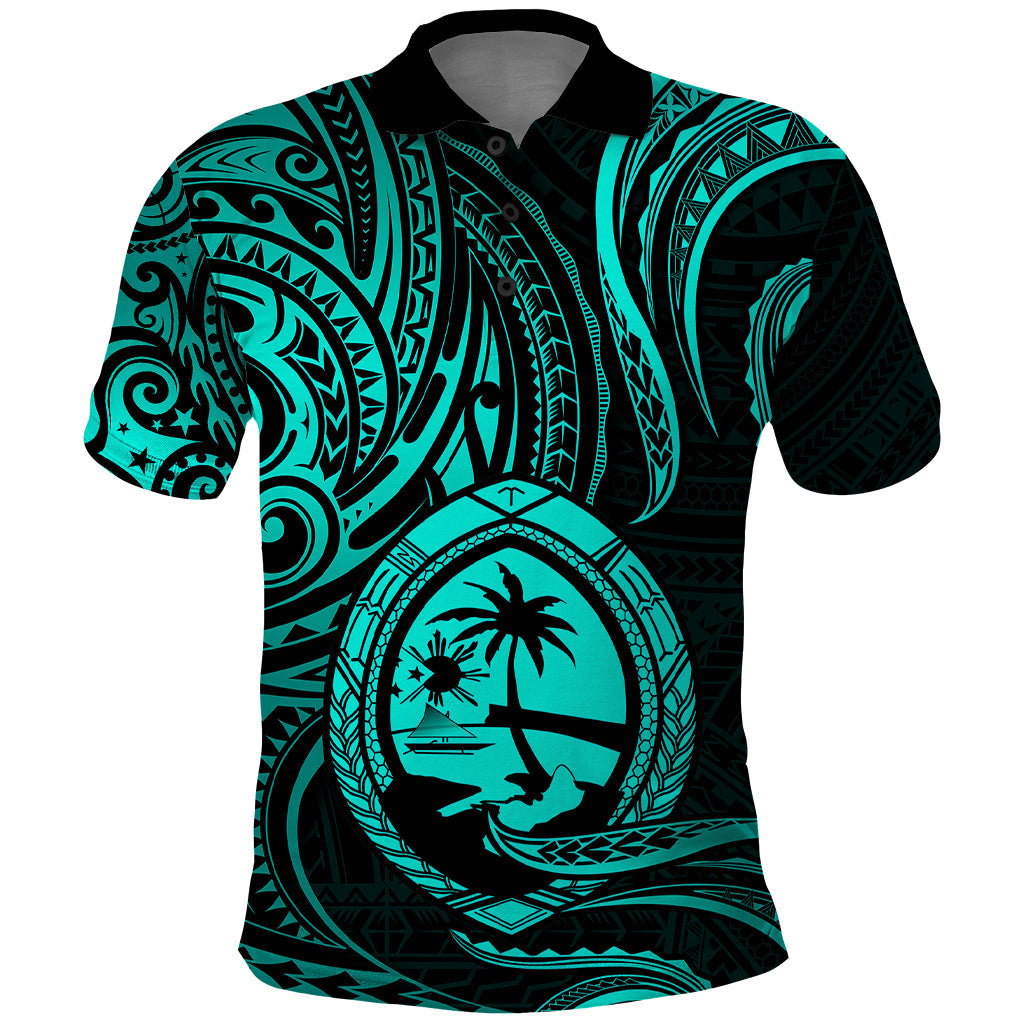 Polynesian Guam Polo Shirt With Polynesian Tribal Tattoo and Coat of Arms Turquoise Version