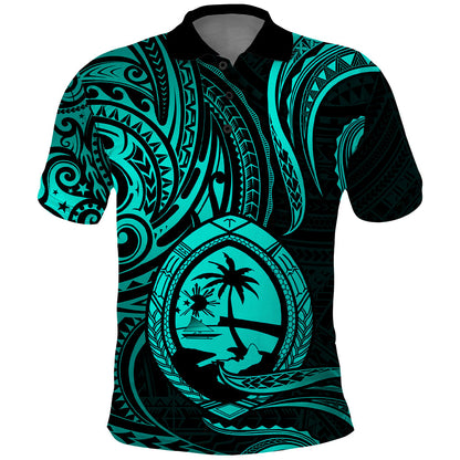 Polynesian Guam Polo Shirt With Polynesian Tribal Tattoo and Coat of Arms Turquoise Version