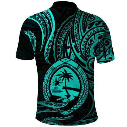 Polynesian Guam Polo Shirt With Polynesian Tribal Tattoo and Coat of Arms Turquoise Version