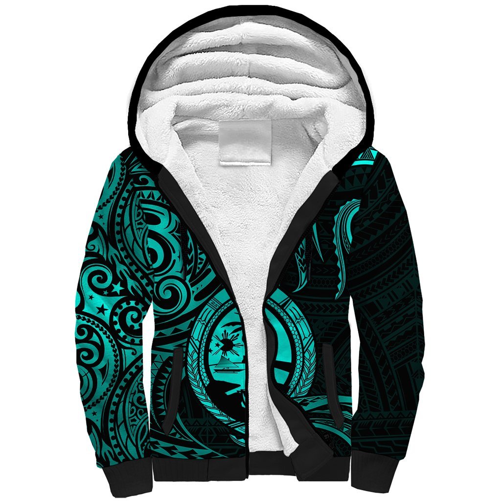 Polynesian Guam Sherpa Hoodie With Polynesian Tribal Tattoo and Coat of Arms Turquoise Version